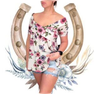 Rustic Rack Pink Off The Shoulder Flower Top, Size  Woman's Small